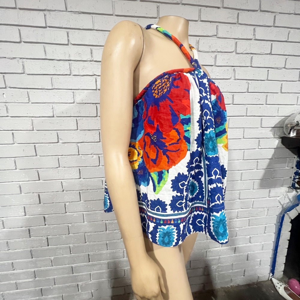 Farm Rio Tapestry Blue Red Mixed Floral Tile Print Halter Top Open Back | M - Picture 9 of 11